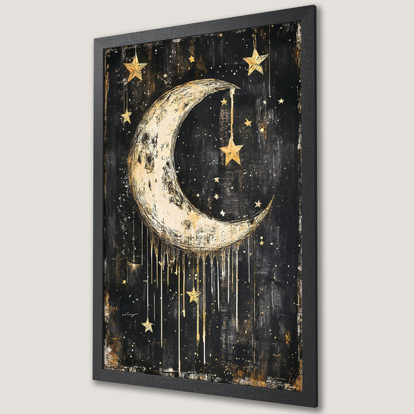 Framed Poster of a celestial moon and stars art print in a black and gold color palette, perfect for adding a touch of magic to your space.
