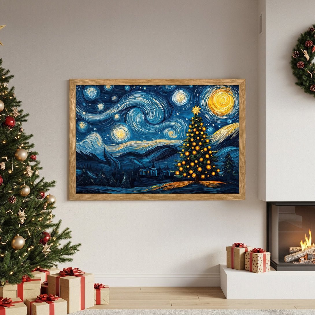 Framed Poster: Christmas tree art in Van Gogh style, blue and yellow palette. Perfect holiday decor!