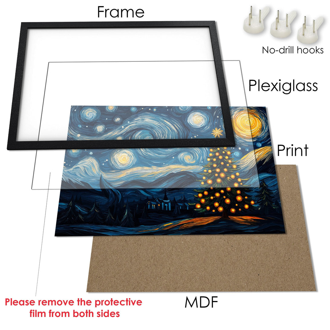 Framed Poster featuring a starry night scene in a vibrant blue, yellow, and orange palette. Perfect art for your home!