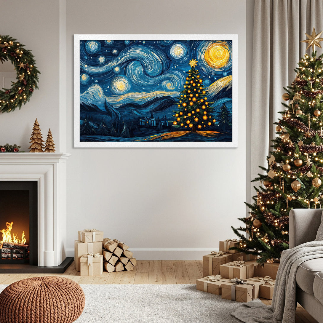 Framed Poster featuring a Christmas tree in a Van Gogh style, with a blue and yellow color palette. Perfect holiday decor!