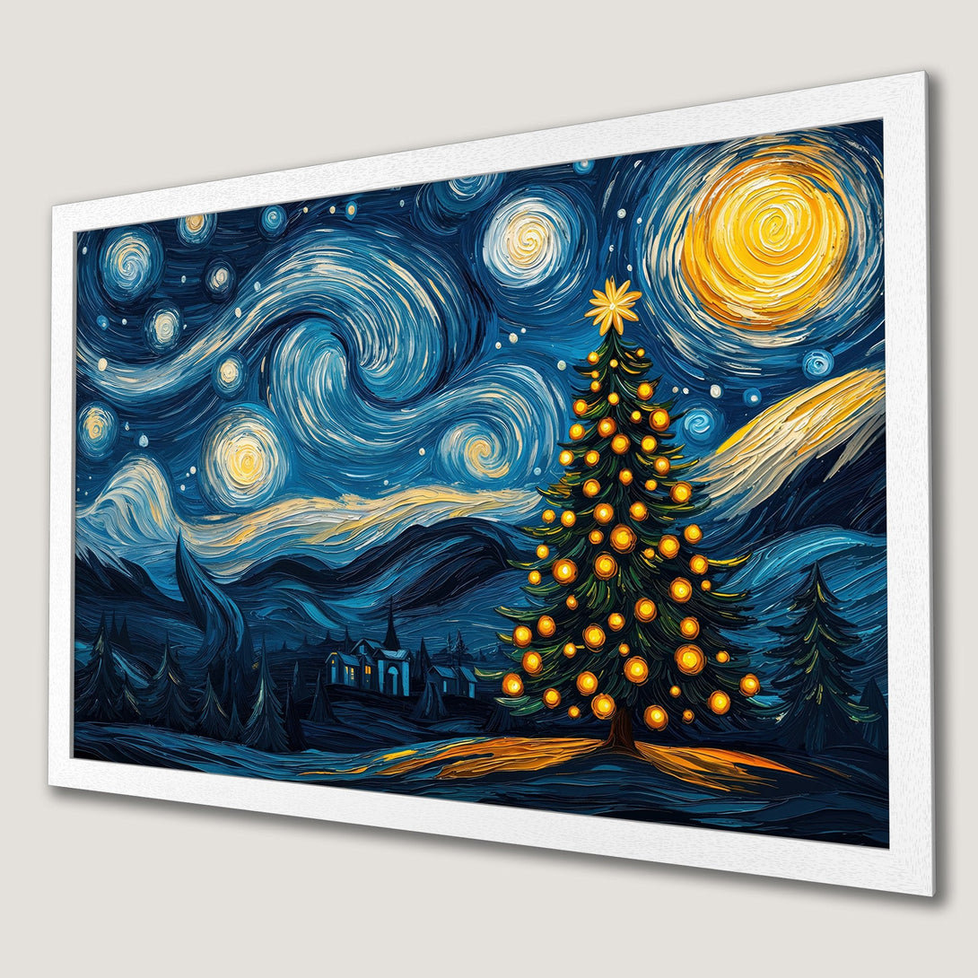 Framed Poster: Starry night Christmas tree art print in blue and yellow, perfect holiday decor.