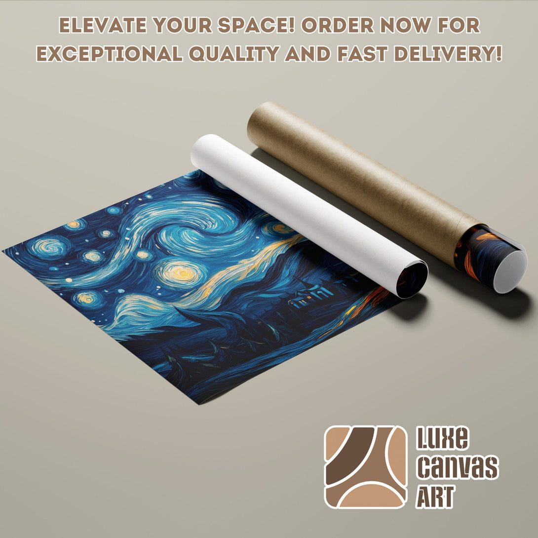 Poster Roll of Starry Night art print, blue and yellow palette, perfect wall decor.