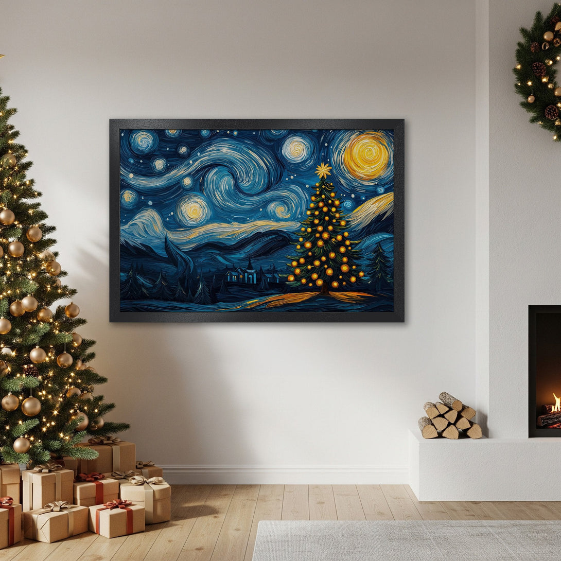 Framed Poster featuring a Christmas tree in a Van Gogh style, with a blue and yellow color palette, perfect for holiday decor.