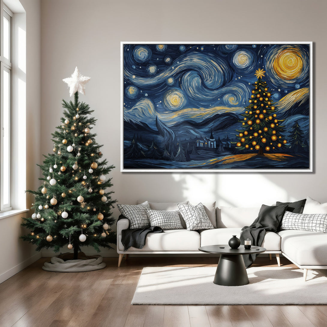 Framed Wall Art: Christmas tree in a Van Gogh style, blue and yellow palette, displayed in a modern interior. Perfect holiday decor!
