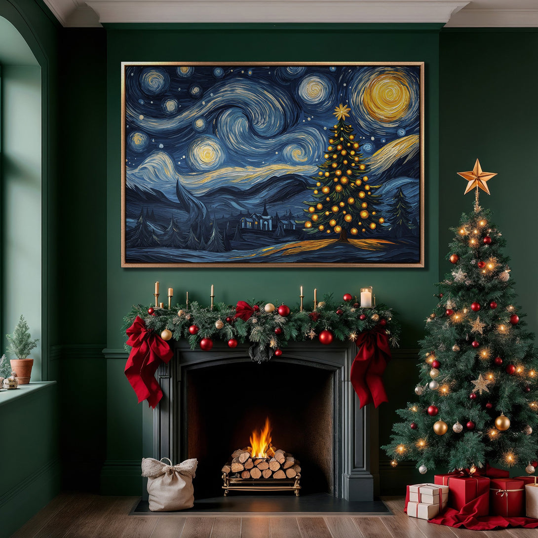 Framed Wall Art: Christmas tree in Van Gogh style painting with blue, yellow, and dark green palette, perfect for holiday decor. Enhance your home with art!