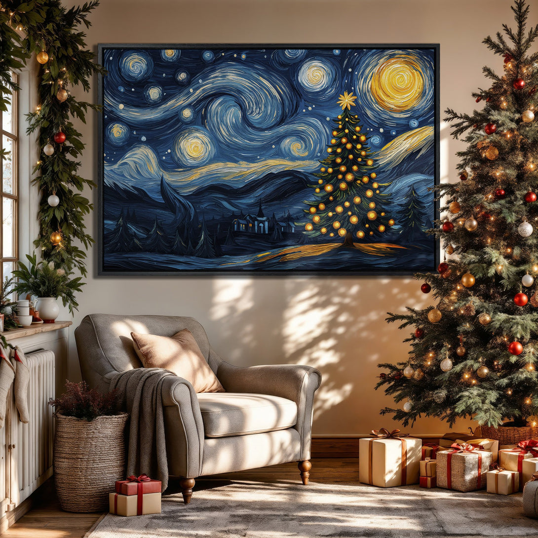 Framed Wall Art featuring a Van Gogh-style Christmas scene in blue and yellow hues, adding artistic flair to any holiday decor.