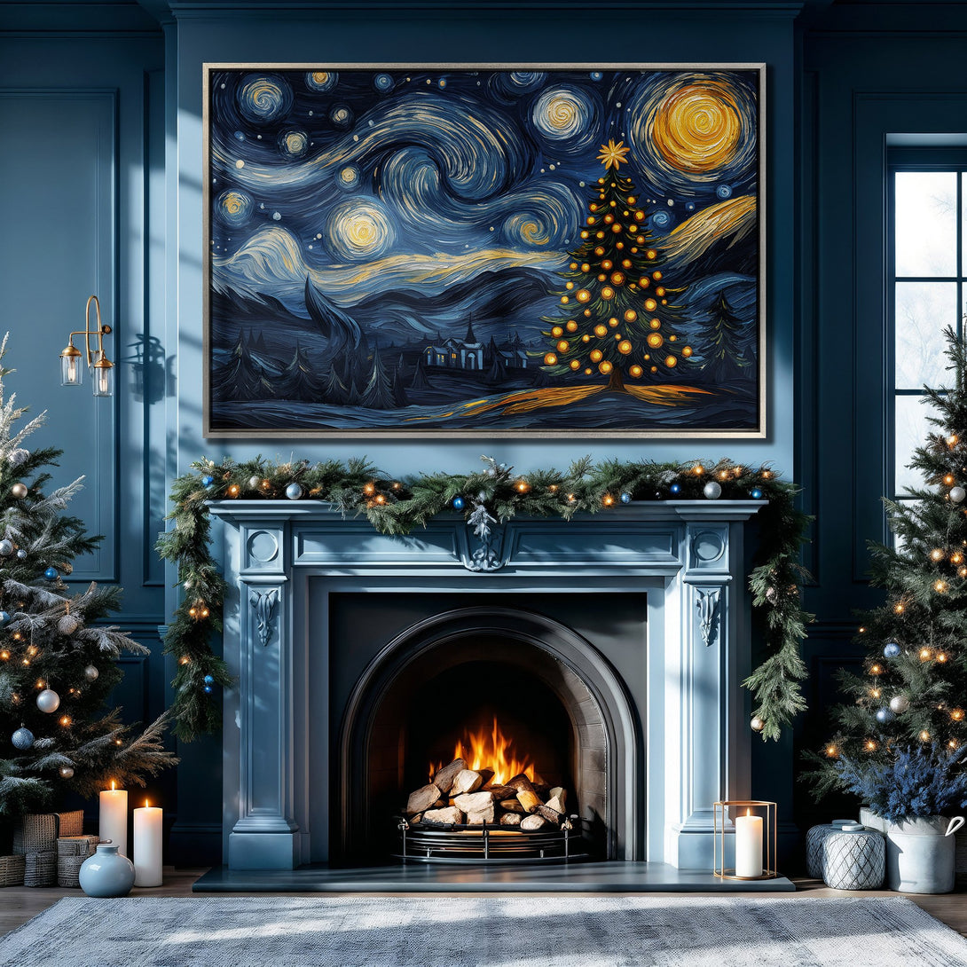 Framed Wall Art featuring a starry night Christmas tree painting in a cozy blue interior. Perfect holiday decor with a warm, inviting color palette.