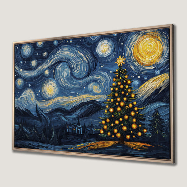Framed Wall Art: Starry Night Christmas tree painting in blue & gold, impressionist style. Add holiday charm to your home!