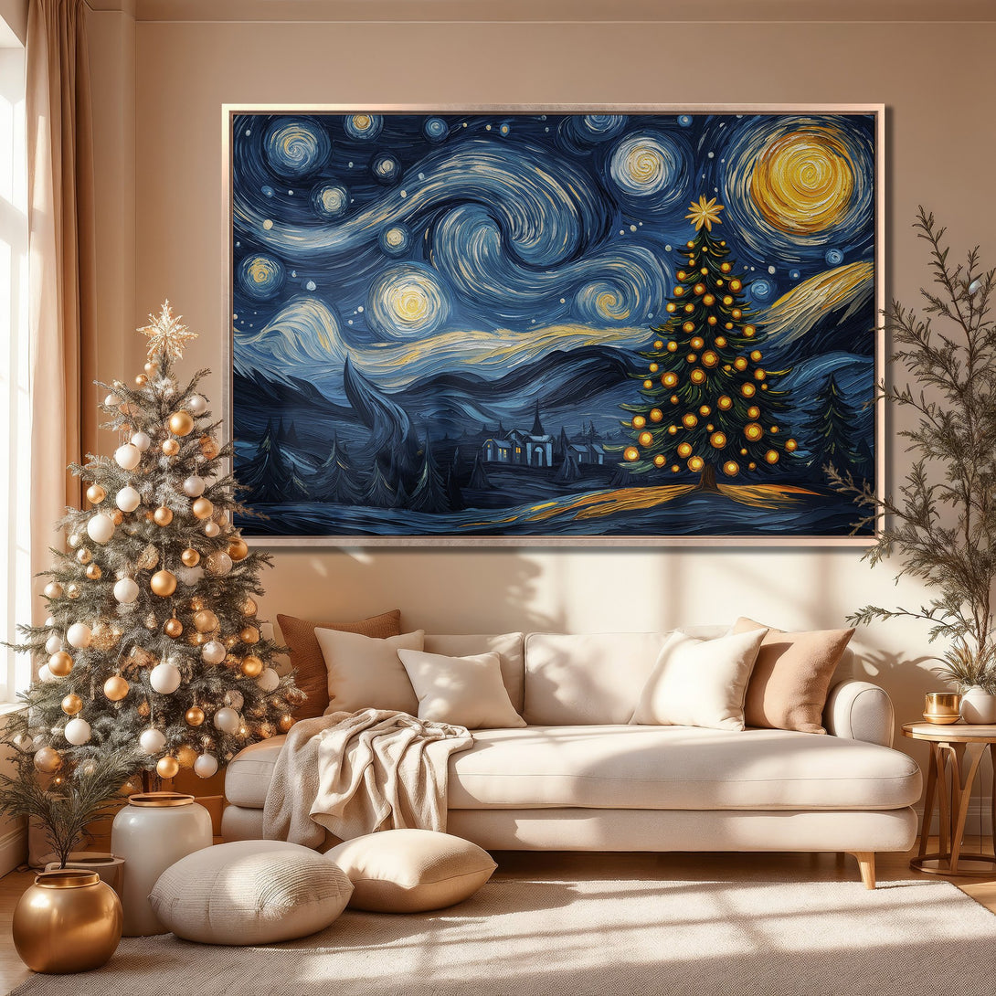 Framed Wall Art: "Starry Night" Christmas Canvas Print in blue & gold. Perfect holiday decor for a cozy living room. Shop now!