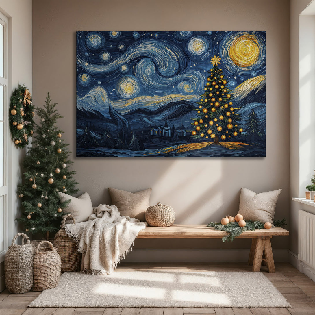 Framed Wall Art: "Starry Night" Christmas tree canvas print in blue and gold. Perfect holiday decor for a cozy living room.
