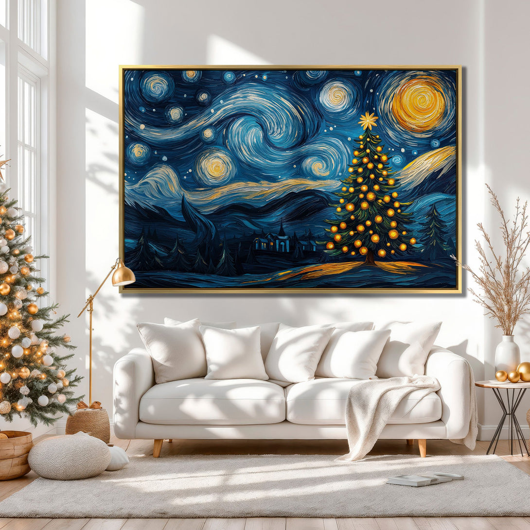 Canvas Print of a Christmas tree in a Van Gogh style, featuring a starry night sky. Blue, yellow, and gold color palette, perfect for holiday decor.