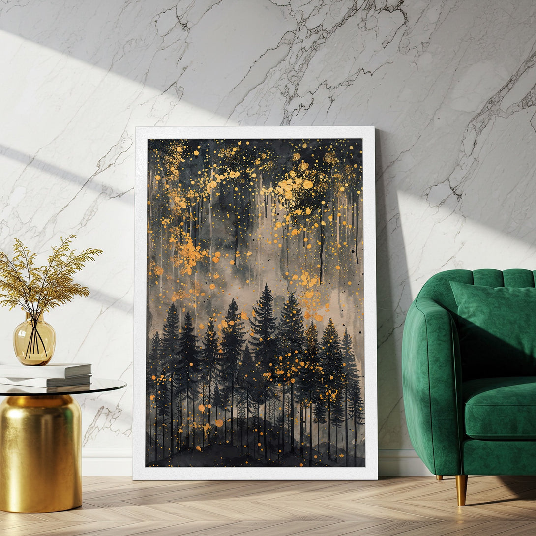 Framed Poster featuring a forest scene, watercolor style, with a black, gold, and gray color palette. Perfect wall art for your home!