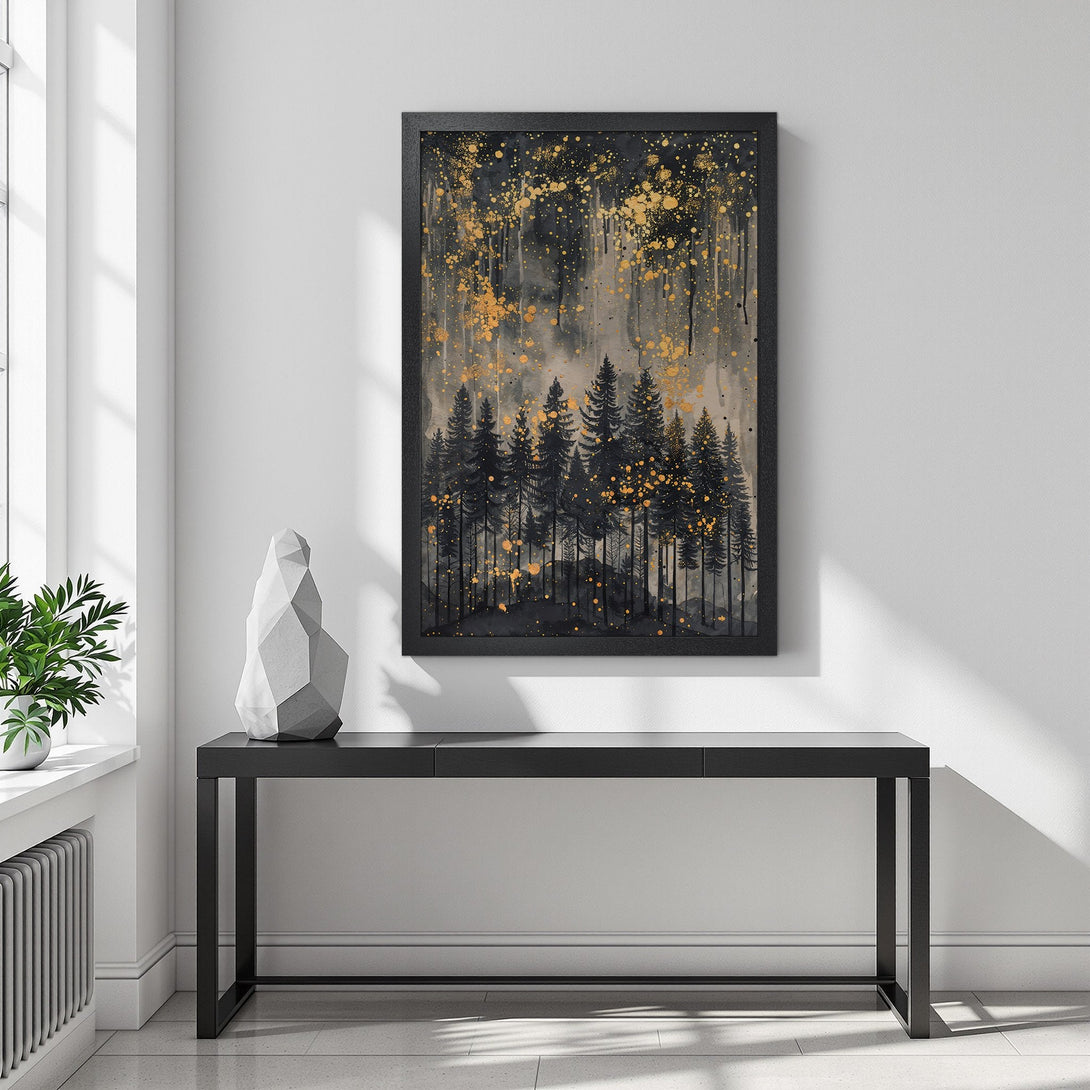 Framed Poster featuring a forest scene in black and gold. Modern art style with a moody, elegant color palette. Perfect wall decor!