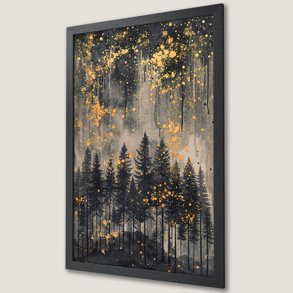 Framed Poster featuring a forest scene with black trees and gold accents. Modern art style, moody color palette. Perfect wall decor.