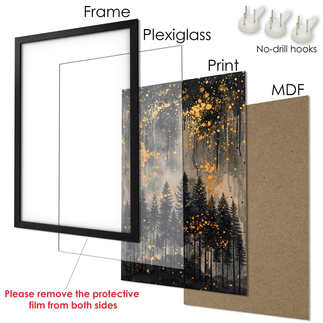 Framed Poster featuring a forest scene in a watercolor style with black, gray, and gold color palette. Ready to hang art.