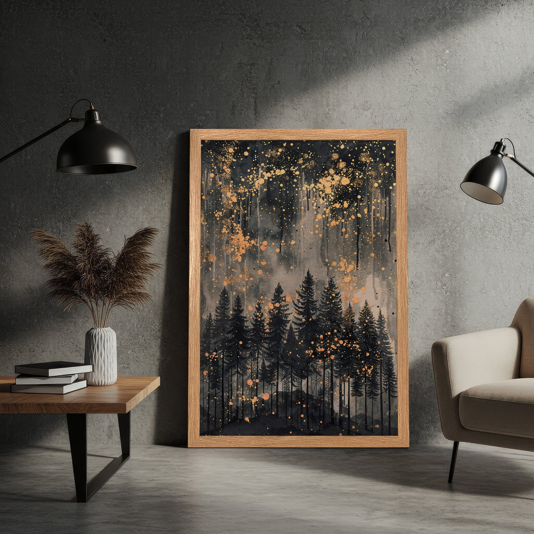 Framed Poster featuring a forest scene in a watercolor style with a black, gold, and gray color palette. Perfect wall art!