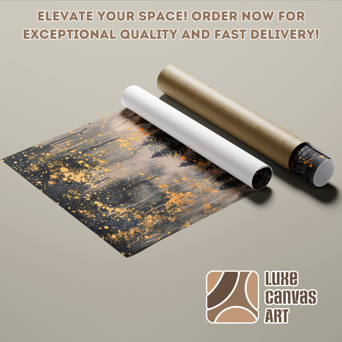 Poster Roll featuring an abstract forest design with gold accents. Stylish art print in a neutral color palette. Order your poster today!