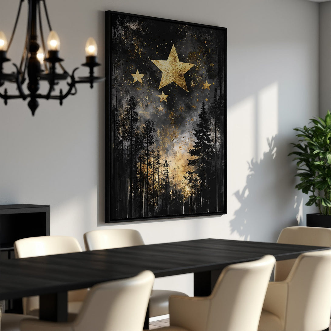 Framed Wall Art featuring a starry forest scene in black and gold. Add a touch of celestial elegance to your space with this stunning Canvas Print.
