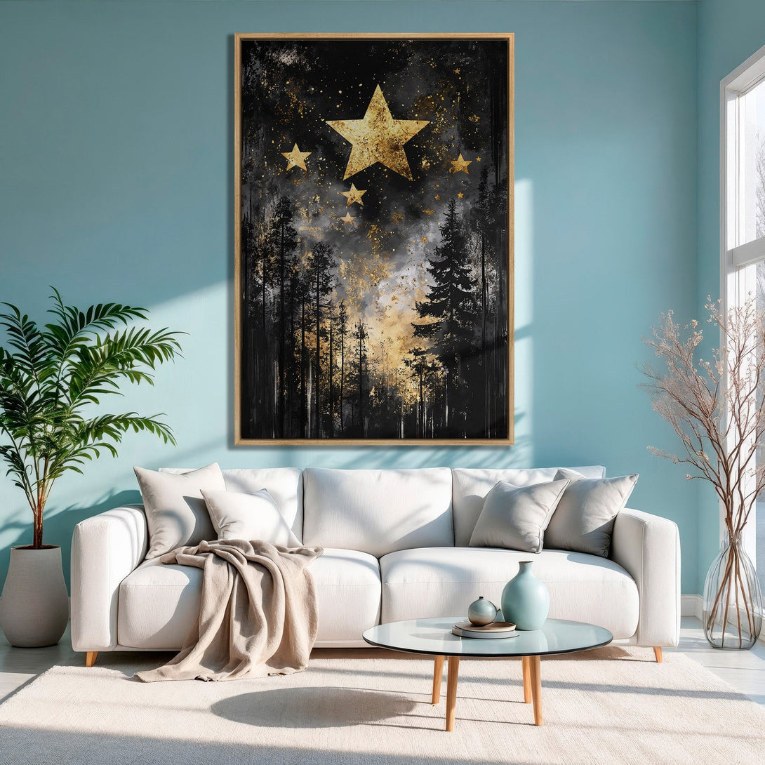 Framed Wall Art: Abstract forest scene with gold stars on a black background. Modern style, neutral & gold color palette. Perfect for living room decor.