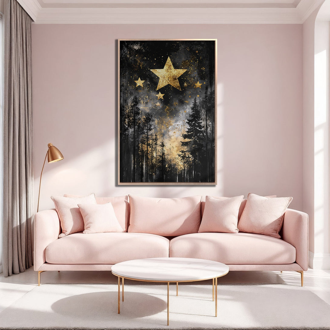 Framed Wall Art featuring a celestial forest scene with gold stars, perfect for adding a touch of modern elegance. Black, gold, and neutral tones.