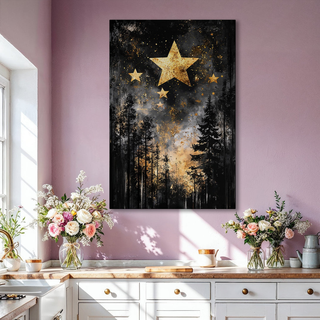 Framed Wall Art: Black and gold starburst forest scene. Modern abstract art with a dramatic, moody aesthetic. Perfect for living room decor.