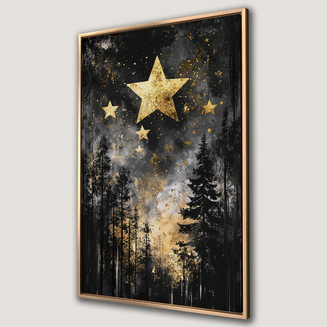 Framed Wall Art: Black forest with gold stars. Modern abstract art print in a dark, moody color palette. Perfect for adding a touch of elegance to your space.