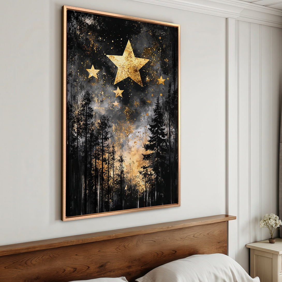 Framed Wall Art featuring a starry night forest scene in black, gold, and gray. Perfect for adding a touch of elegance to your bedroom decor.