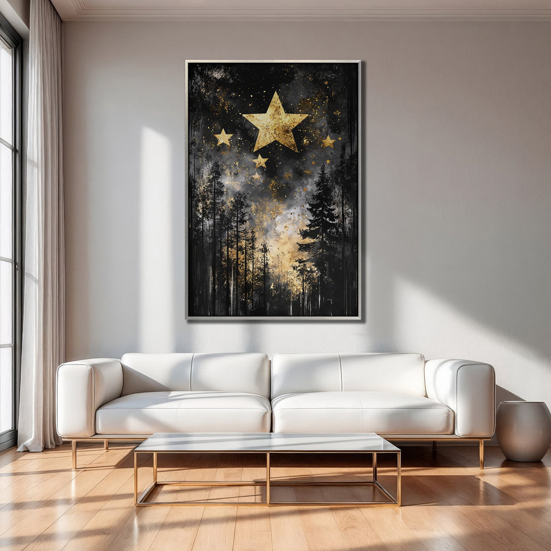 Framed Wall Art: Abstract forest scene with gold stars, black, gold & gray palette. Modern art for living room decor.