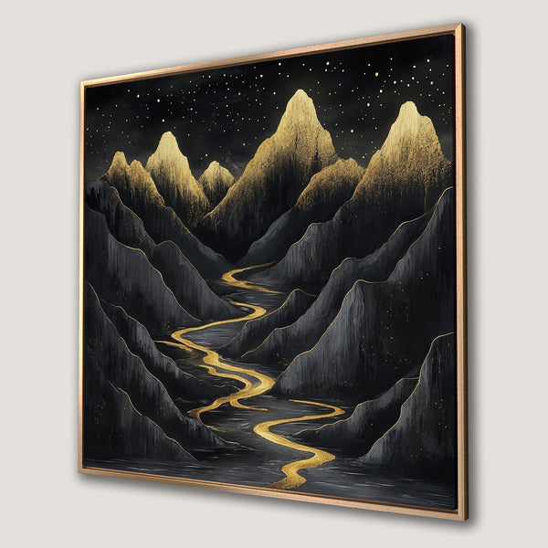 Framed Wall Art: Abstract mountain landscape in black and gold. Modern canvas print featuring a starry night scene with gold accents.