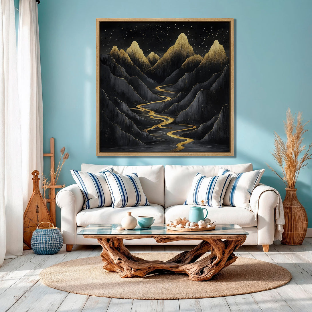 Framed Wall Art: Abstract mountain landscape in black, gold, and gray tones. Modern art print adds a touch of elegance to any interior.