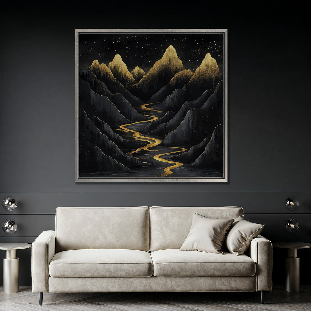 Framed Wall Art: Abstract mountain landscape in gold and black. Modern Canvas Print adds elegance to any interior. Shop now for stunning wall decor!
