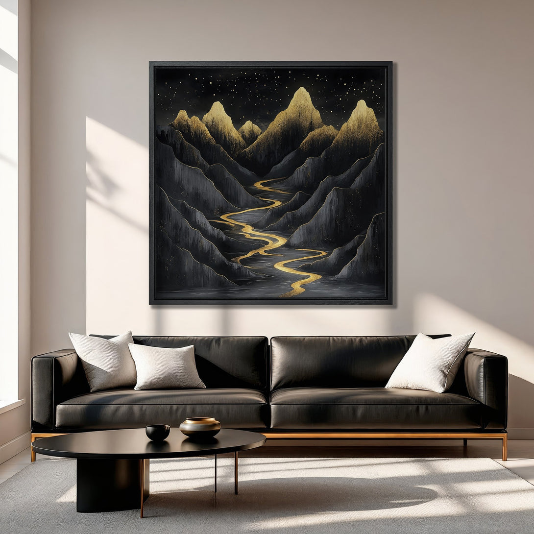 Framed Wall Art: Abstract mountain landscape in black & gold. Modern art Canvas Print with a luxurious color palette, perfect for home decor.