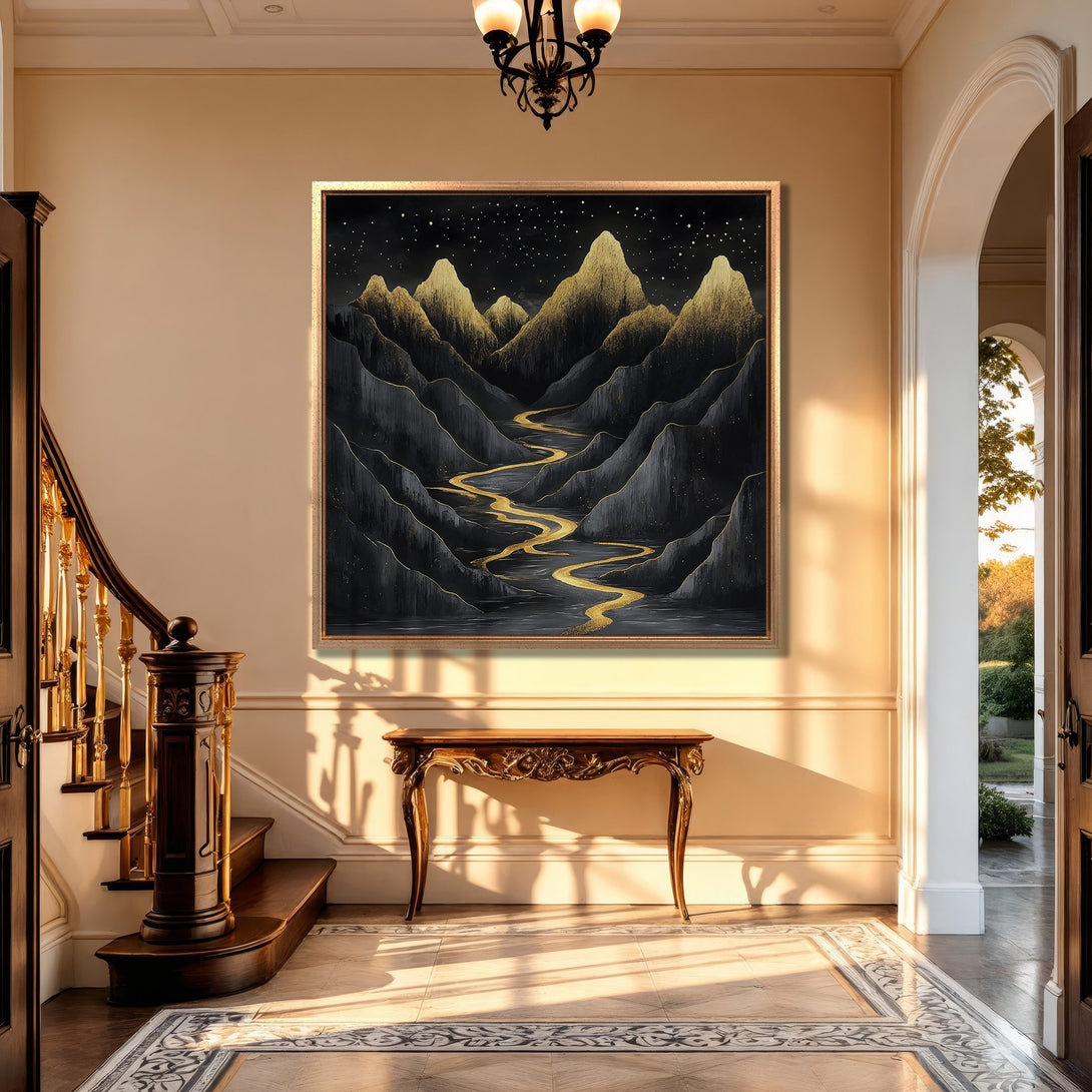 Framed Wall Art: Abstract mountain landscape in gold and black. Modern canvas print adds elegance to any interior. Shop now for stunning wall decor!