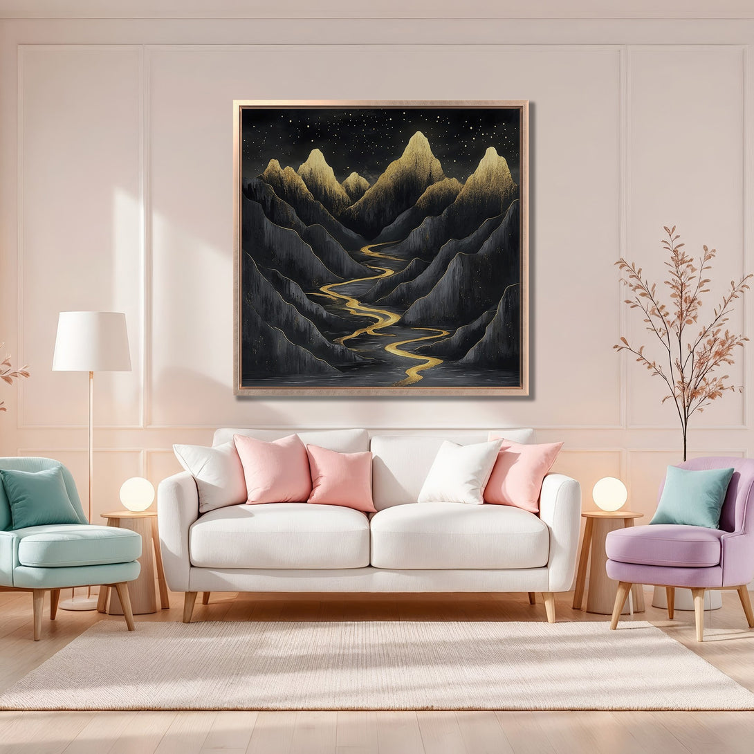 Framed Wall Art: Abstract mountain landscape in gold and black. Modern Canvas Print adds a touch of elegance to any room. Neutral color palette.