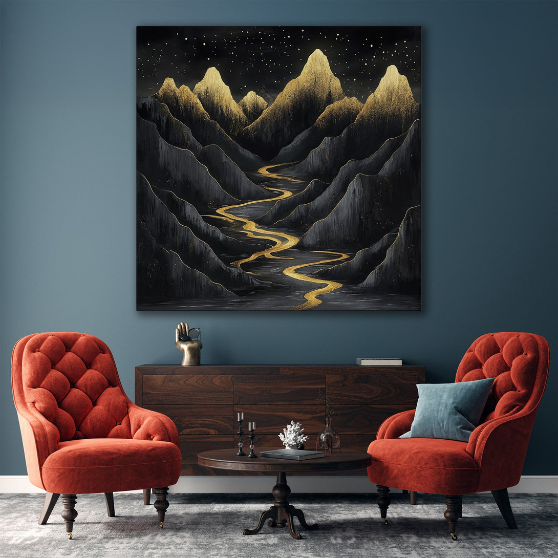 Framed Wall Art: Abstract mountain landscape in black, gold, and gray. Modern art canvas print, perfect for living room decor.