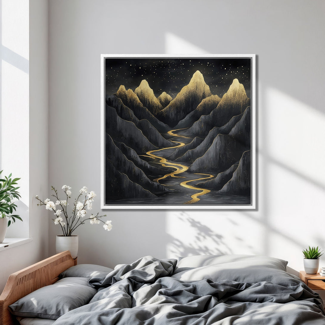Framed Wall Art: Abstract mountain landscape in black and gold. Modern art print with a serene, luxurious feel, perfect for bedroom decor.