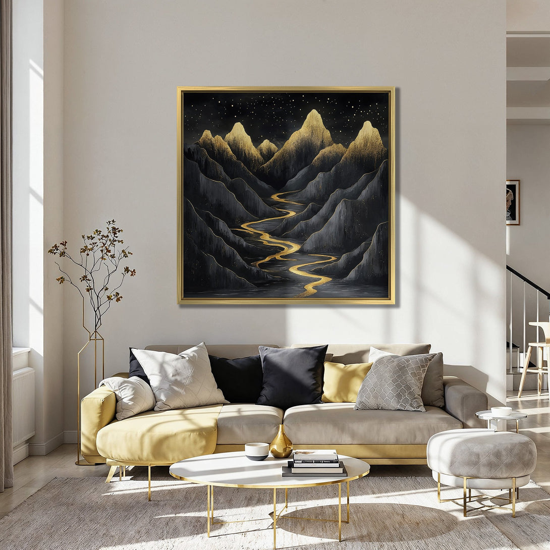 Canvas Print featuring a gold and black mountain landscape. Modern art style with a dramatic, elegant color palette. Perfect for living room decor.