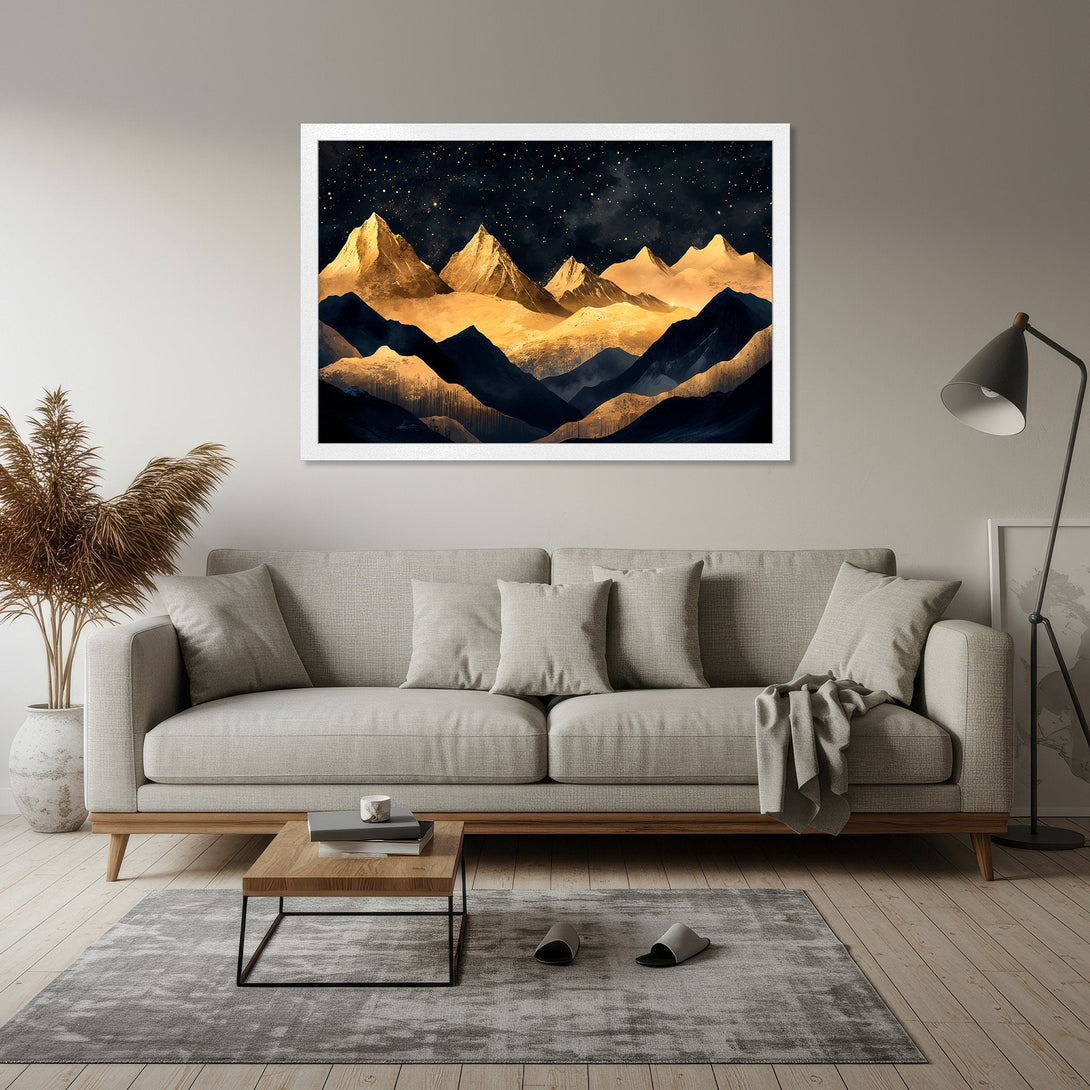 Framed Poster of golden mountains against a starry night sky. Abstract style, rich blues, golds, and blacks. Perfect wall art for your home.