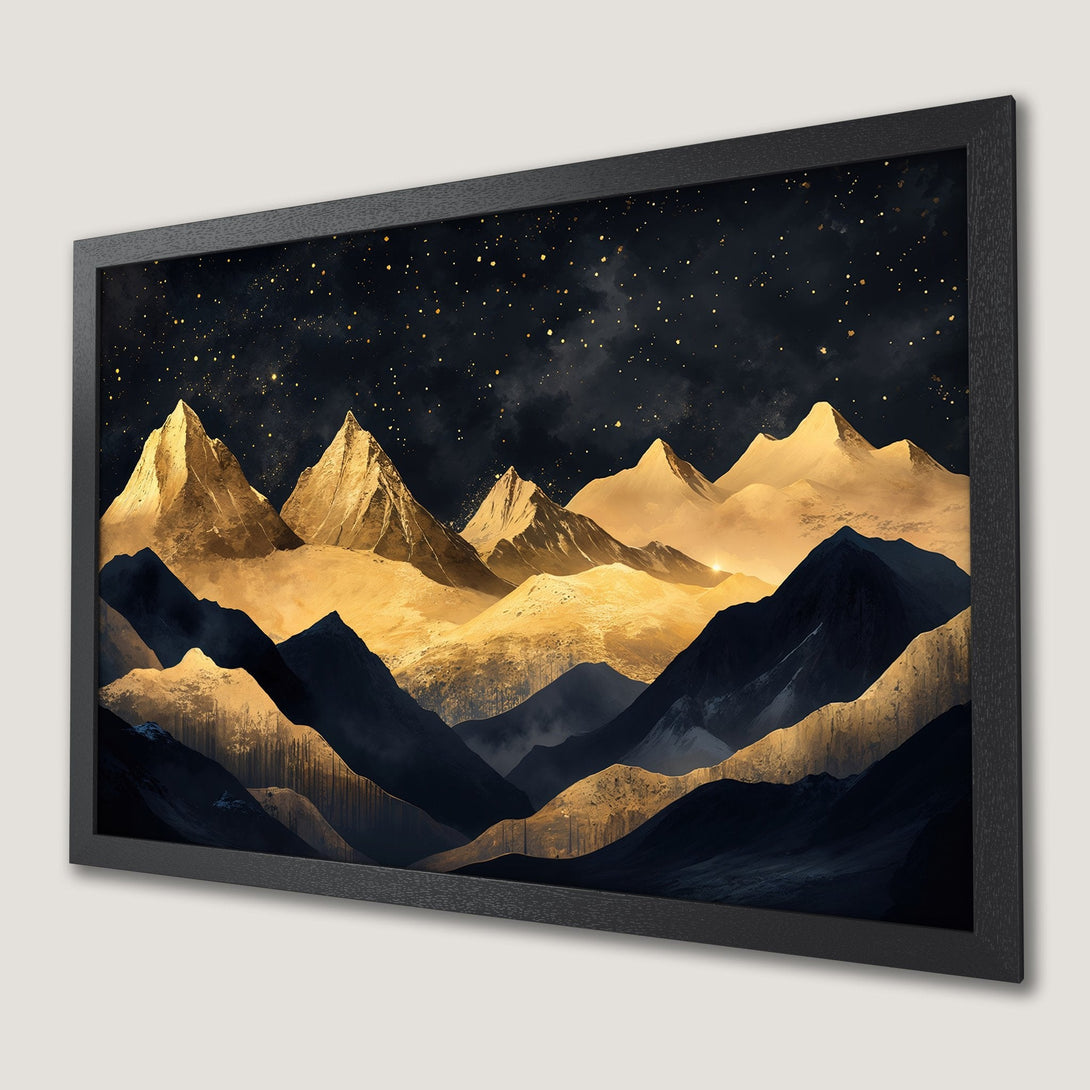 Framed Poster featuring a stylized mountain landscape in gold and navy, perfect wall art for any room.