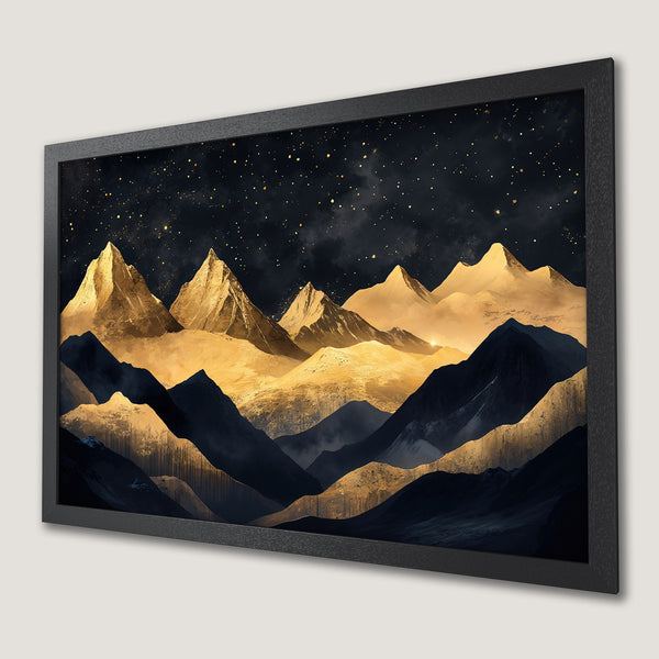 Framed Poster featuring a stylized mountain landscape in gold and navy, perfect wall art for any room.