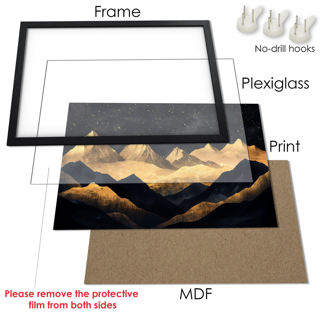 Framed Poster of majestic mountains in a gold and dark gray color palette. Add a touch of nature to your space!