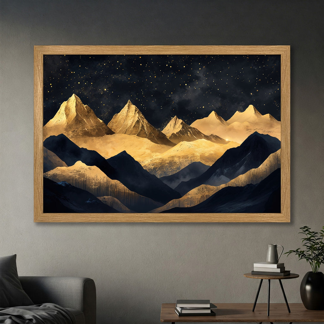Framed Poster featuring golden mountain landscape art with a dark blue and gold color palette, perfect wall decor.