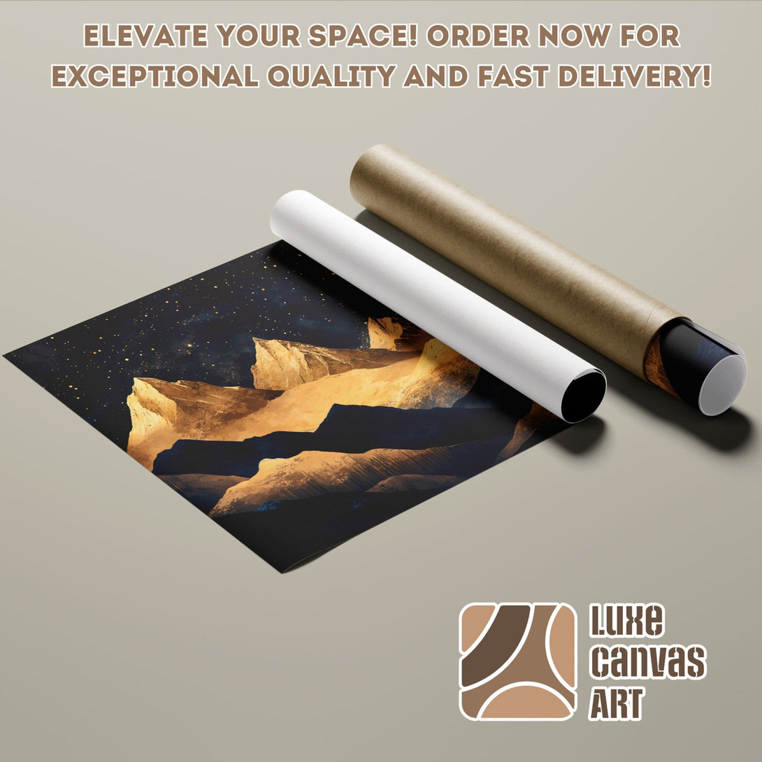 Poster Roll featuring abstract landscape art in gold, navy, and brown tones. Elevate your space!