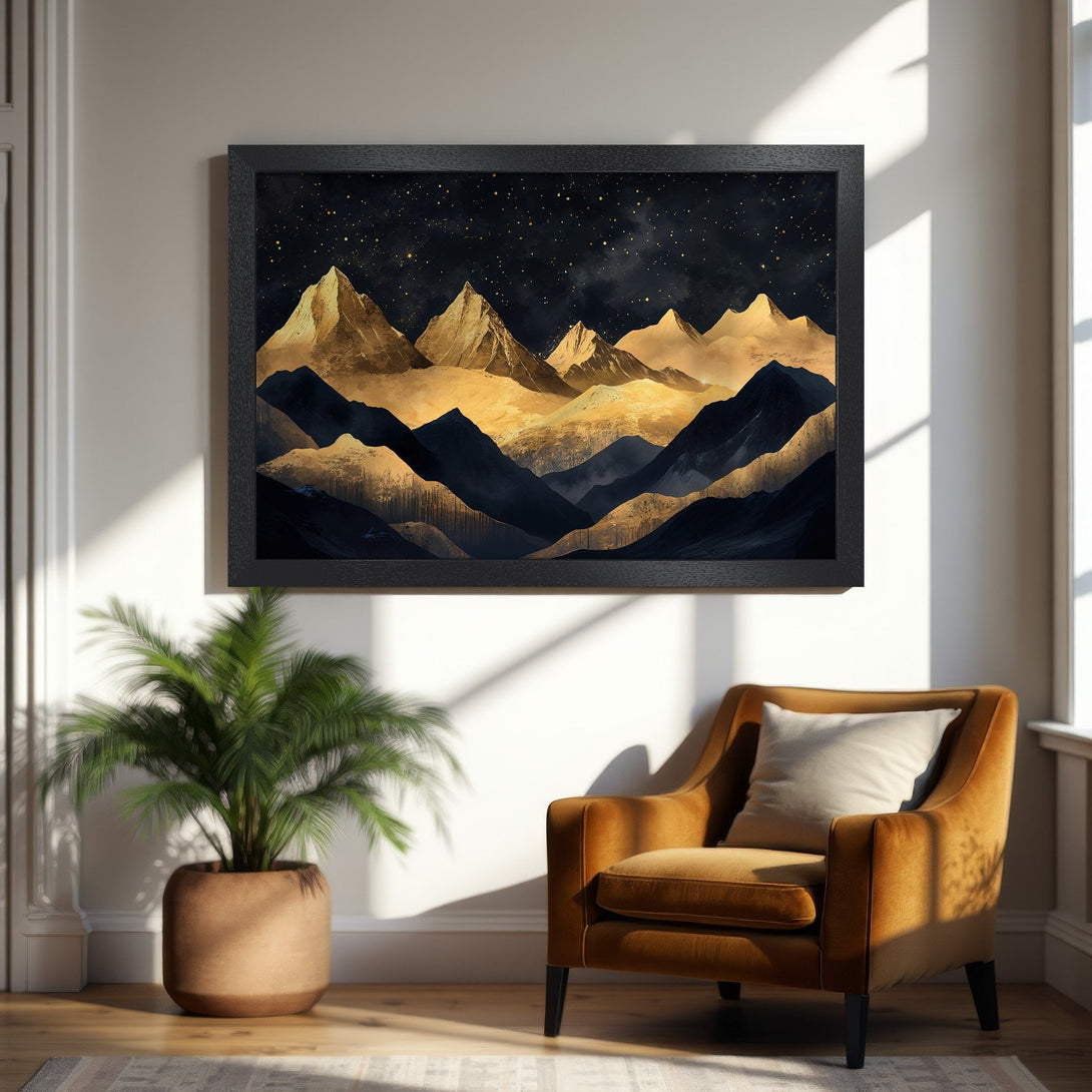 Framed Poster featuring abstract mountain landscape art in gold and navy blue tones. Modern style, perfect for home decor.