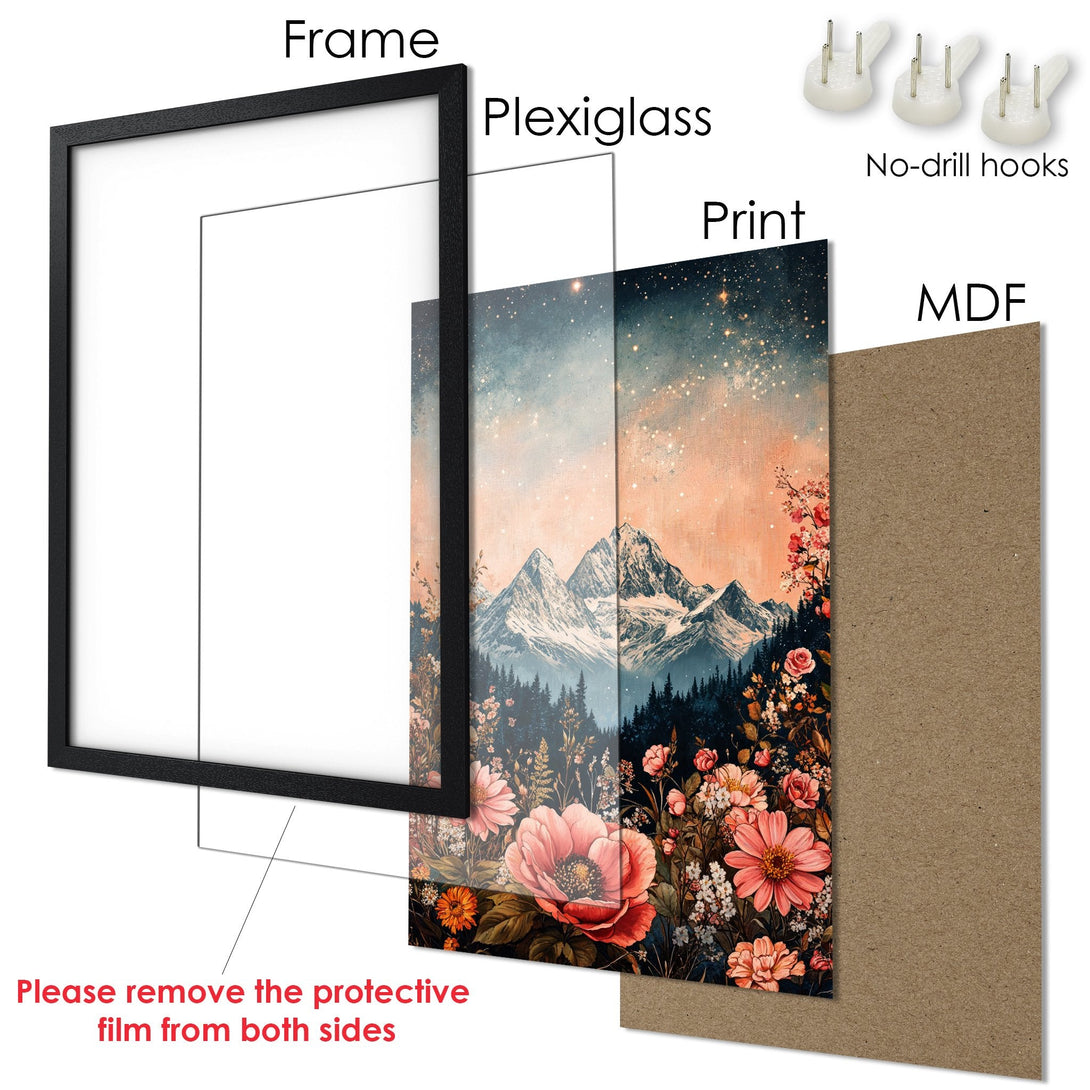 Framed Poster featuring a mountain landscape with flowers, in a dreamy style with a warm color palette. Ready to hang!