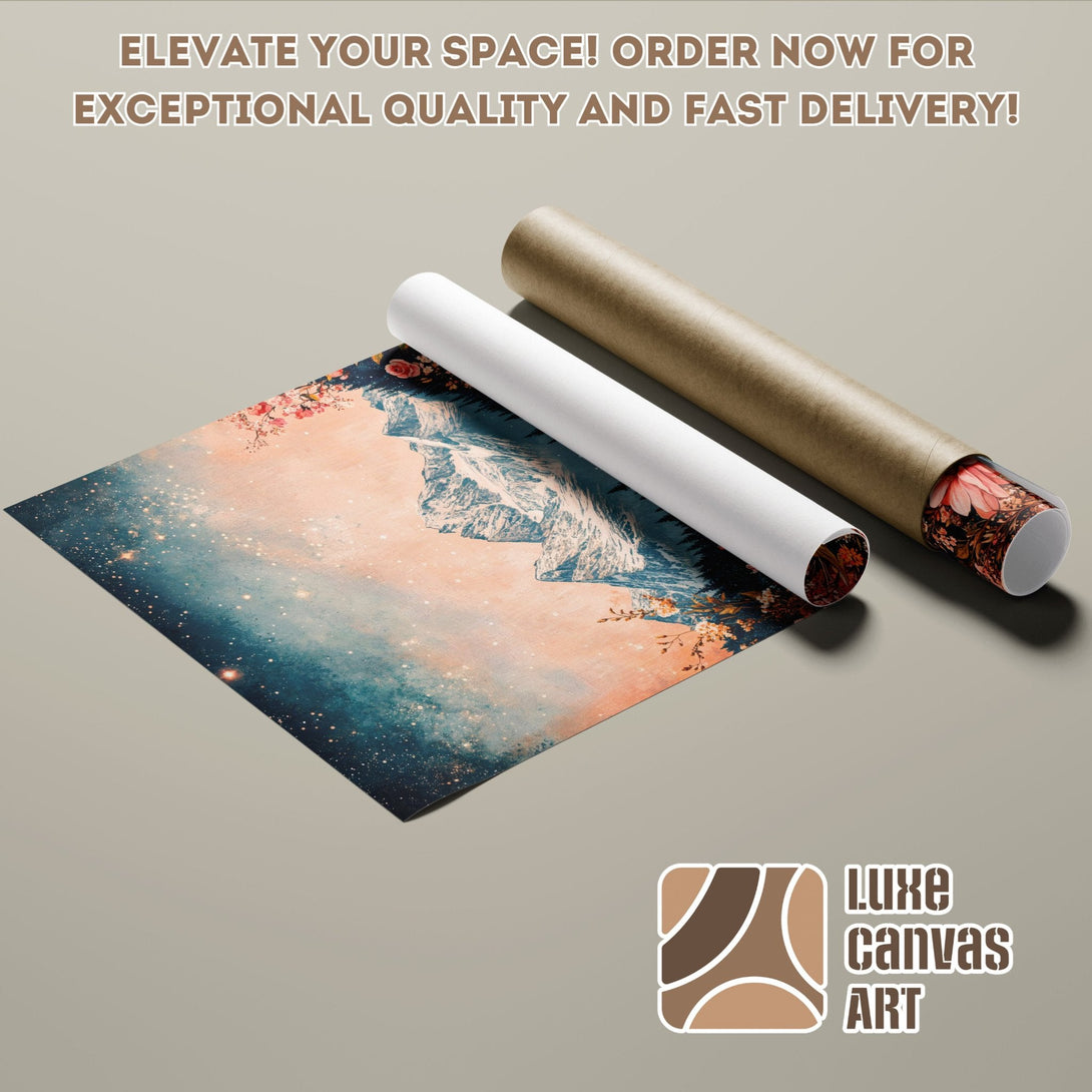 Mountain landscape poster roll in blue, peach, and brown tones. Elevate your space with this stunning art print! Order now.