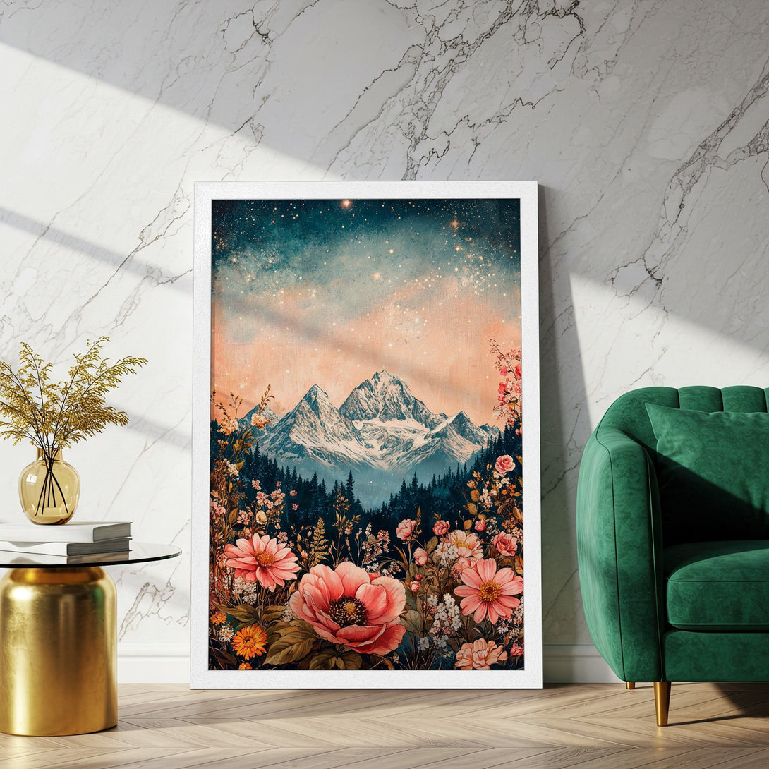 Framed Poster featuring a mountain landscape with flowers, in a dreamy, watercolor style. Warm peach, teal, and pink color palette.