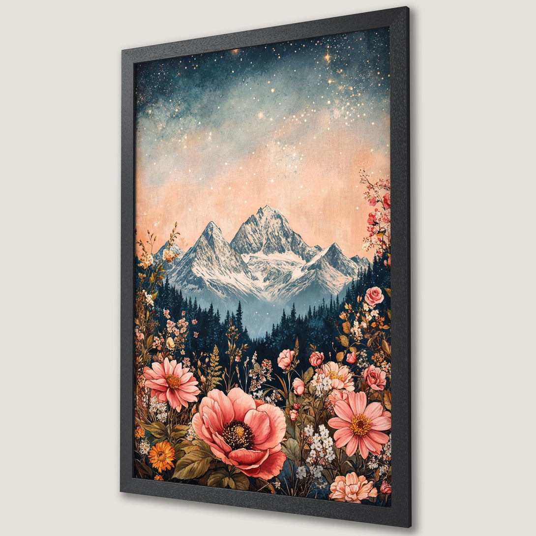 Framed Poster featuring a mountain landscape with flowers, in watercolor style. Soft pink, blue, and green color palette. Perfect wall art!