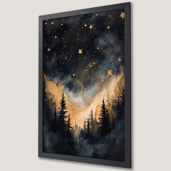 Framed Poster featuring a starry night forest scene with gold accents. Moody, artistic style with a dark blue, gold, and black color palette.