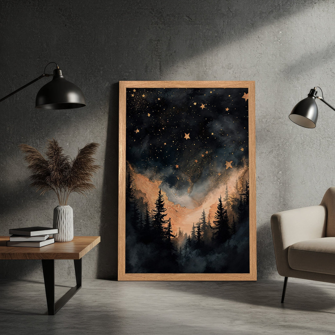 Framed Poster of a starry night forest scene. Dark, moody watercolor style with gold and black color palette. Perfect wall art.